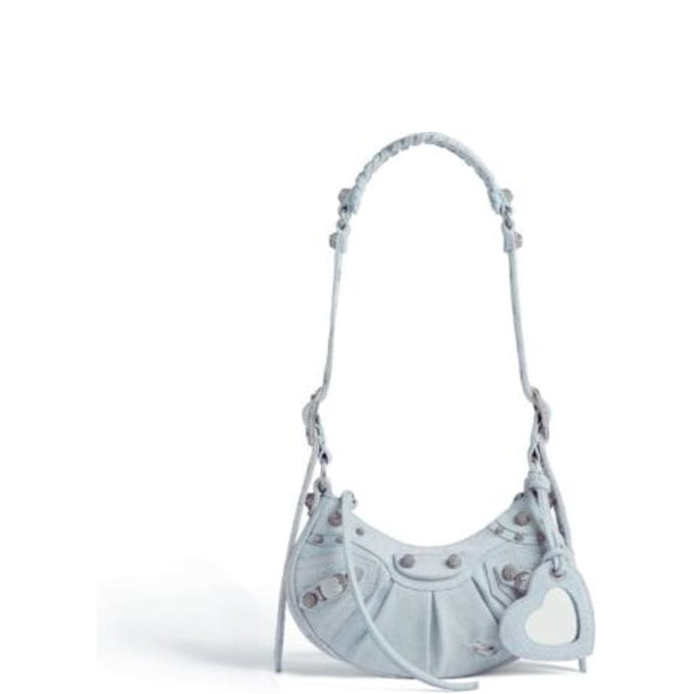 BALENCIAGA LE CAGOLE XS SHOULDER BAG DENIM WITH RHINESTONES IN LIGHT BLUE 25CM 6713092AABV4651