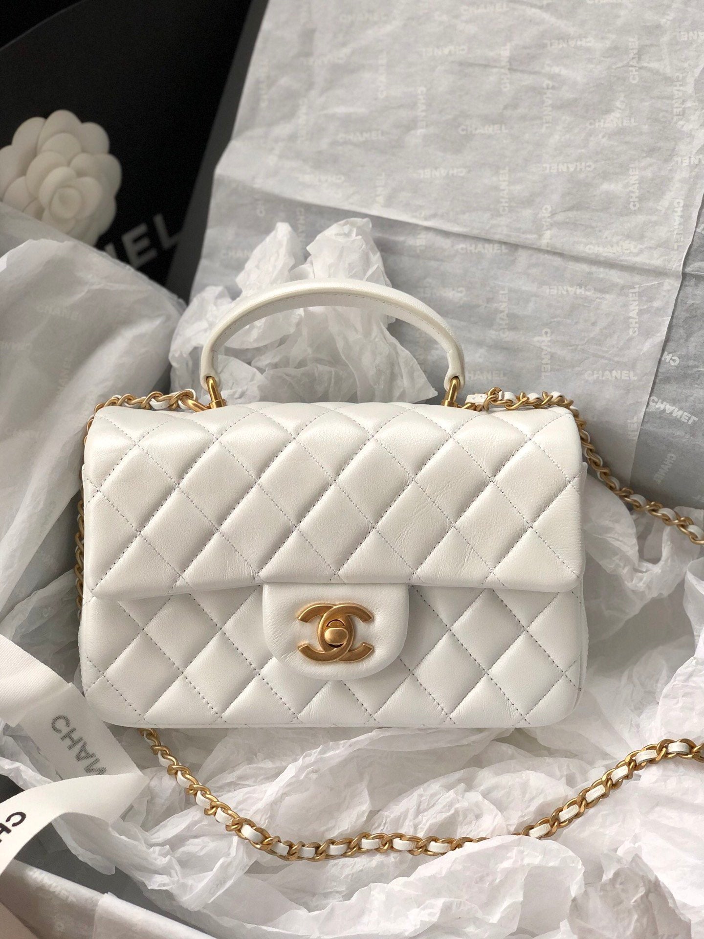 ChanelMini Flap Bag With Top Handle White For Women 7.8in/20cm