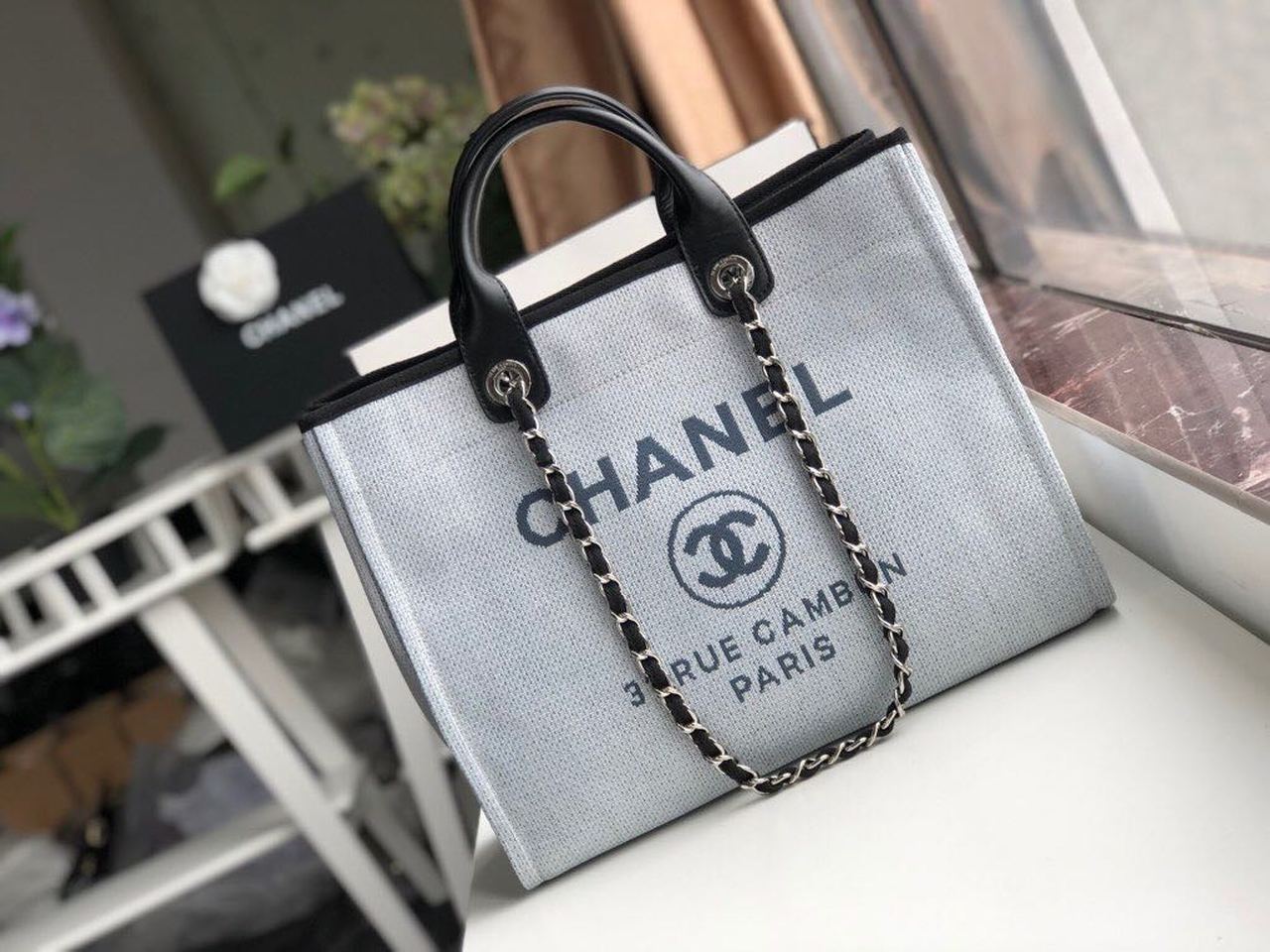 Chanel Deauville Tote 38cm White Gray For Women A66941