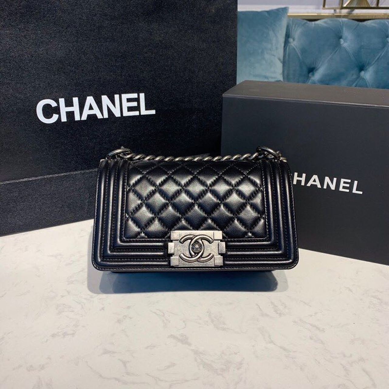 ChanelSmall Boy Handbag Silver Hardware Black For Women, Women&#8217;s Bags, Shoulder And Crossbody Bags 7.8in/20cm A67085