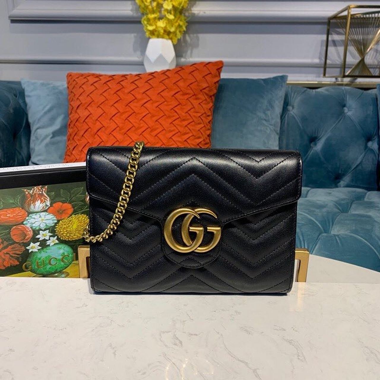 gg Marmont Matelassé Mini Bag Black Matelassé Chevron With gg On The Back For Women 8in/20cm gg 474575 DTD1T 1000