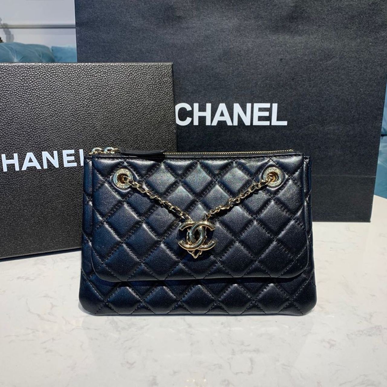 ChanelSmall Double Case Bag With Strap Black For Women, Women&#8217;s Bags, Shoulder And Crossbody Bags 9in/23cm AP1074