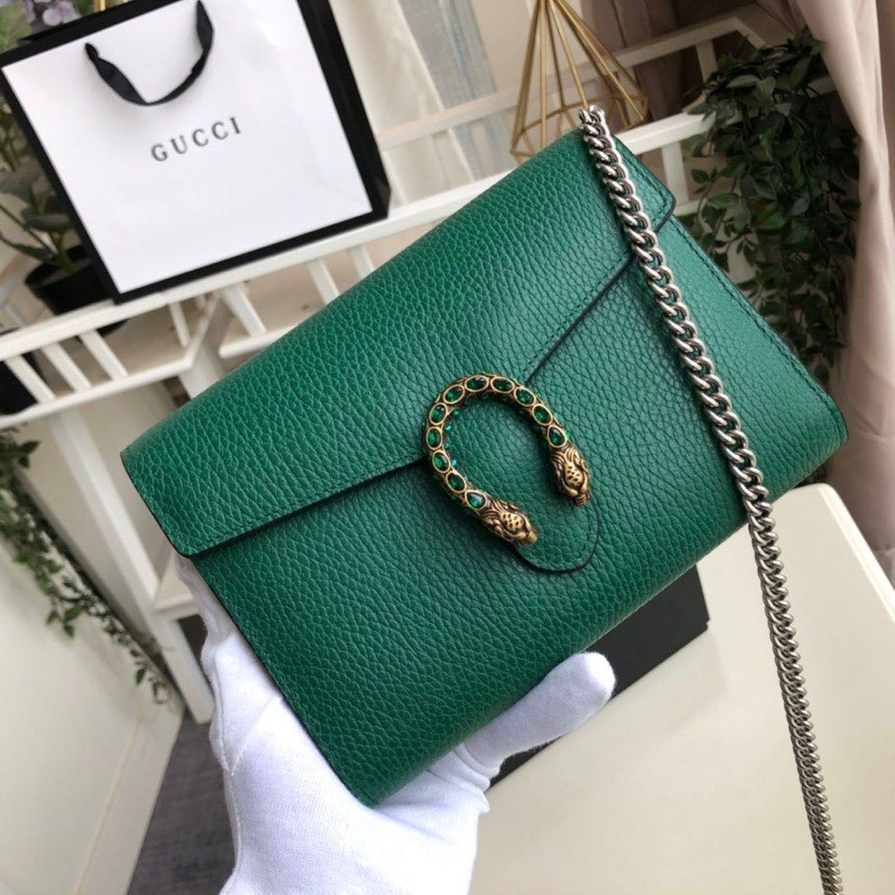 gg Dionysus Mini Chain Bag Emerald Green Metal-Free Tanned For Women 8in/20cm gg 401231 CAOGX 3120