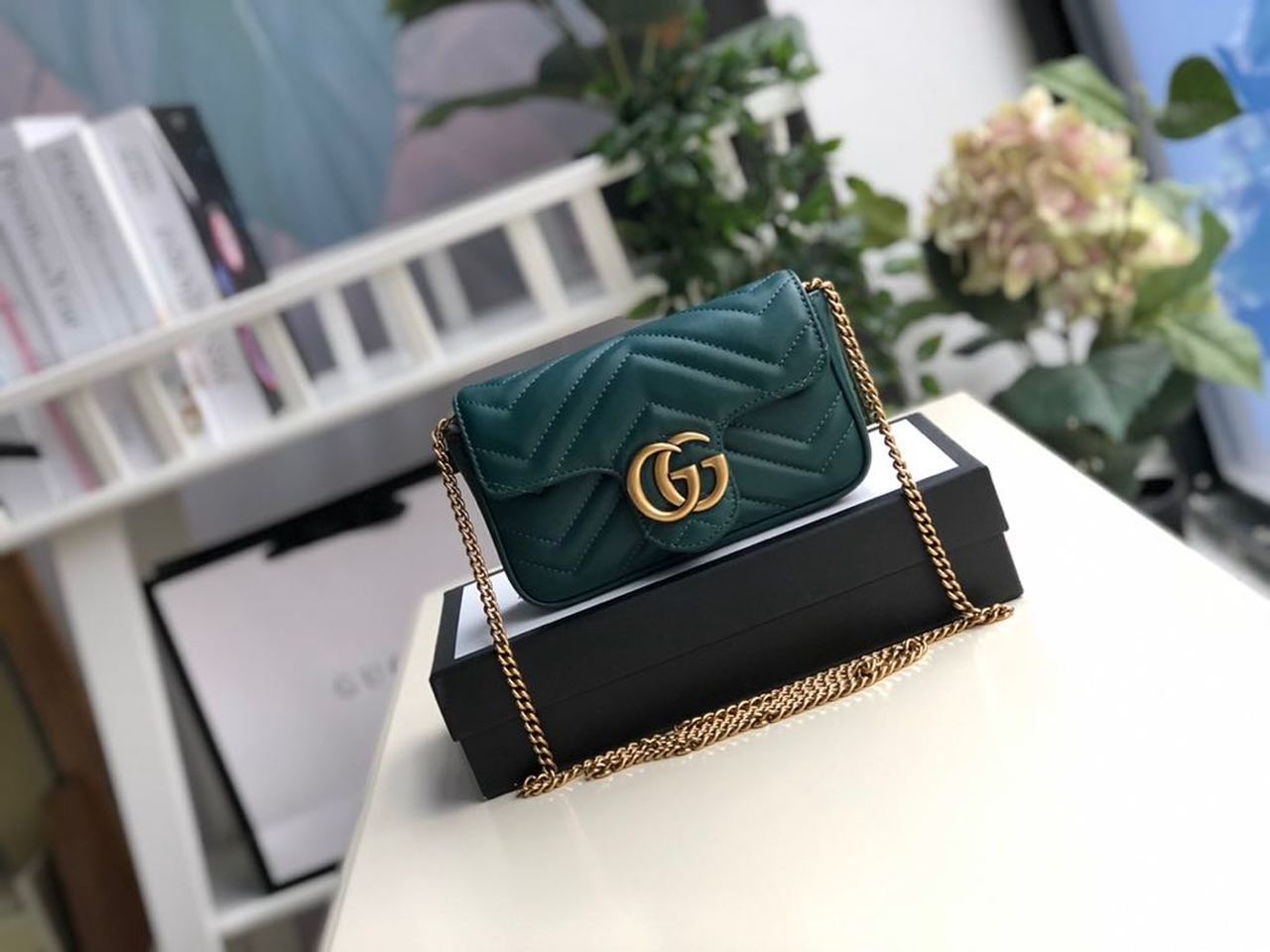 gg Marmont Matelassé Super Mini Bag Green Matelassé Chevron For Women 6.2in/16.5cm gg