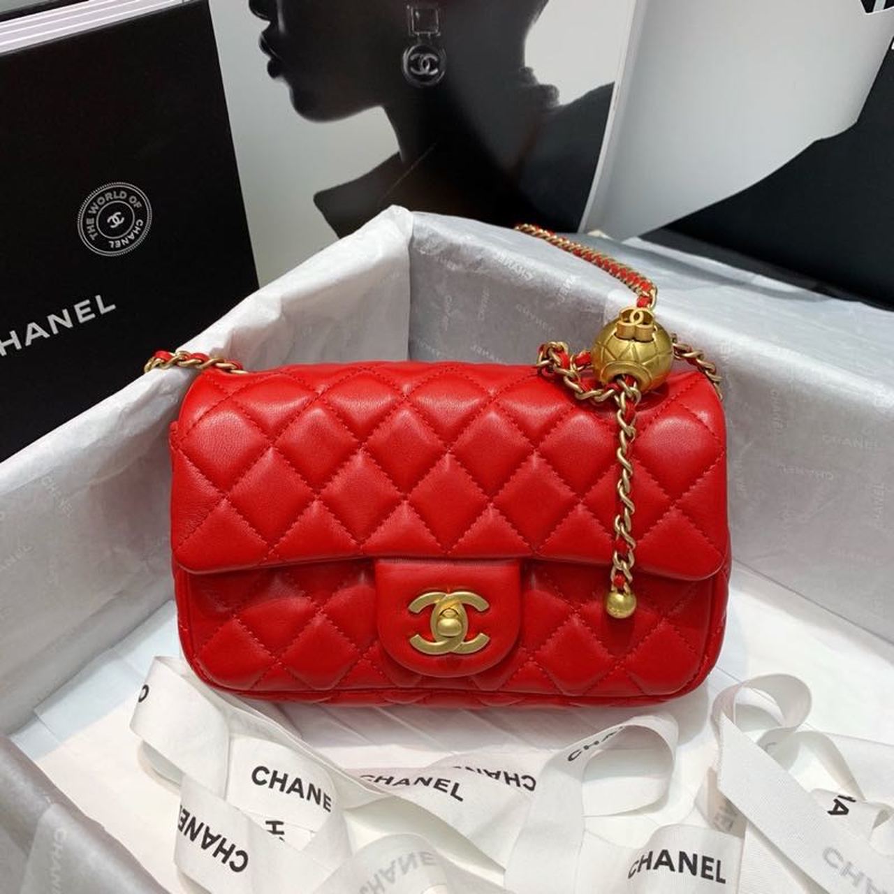 ChanelFlap Bag With ChanelBall On Strap Red For Women, Women&#8217;s Handbags, Shoulder And Crossbody Bags 7.8in/20cm AS1787