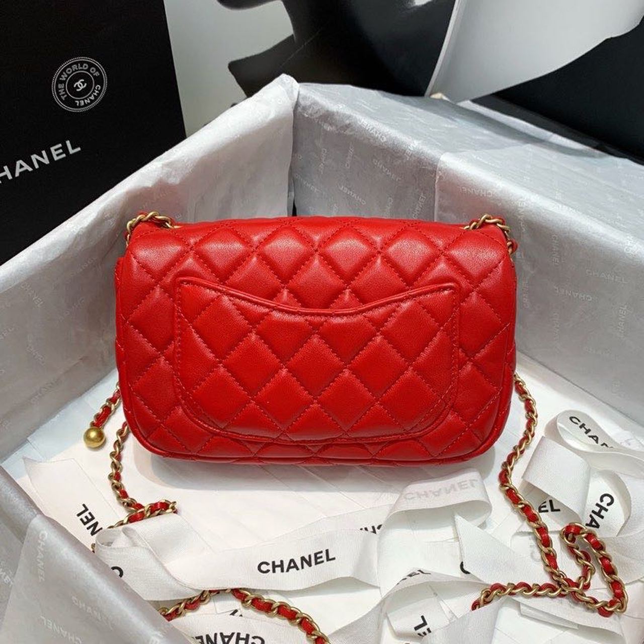 ChanelFlap Bag With ChanelBall On Strap Red For Women, Women&#8217;s Handbags, Shoulder And Crossbody Bags 7.8in/20cm AS1787