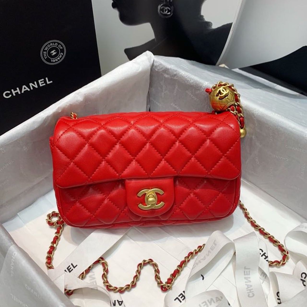 ChanelFlap Bag With ChanelBall On Strap Red For Women, Women&#8217;s Handbags, Shoulder And Crossbody Bags 7.8in/20cm AS1787