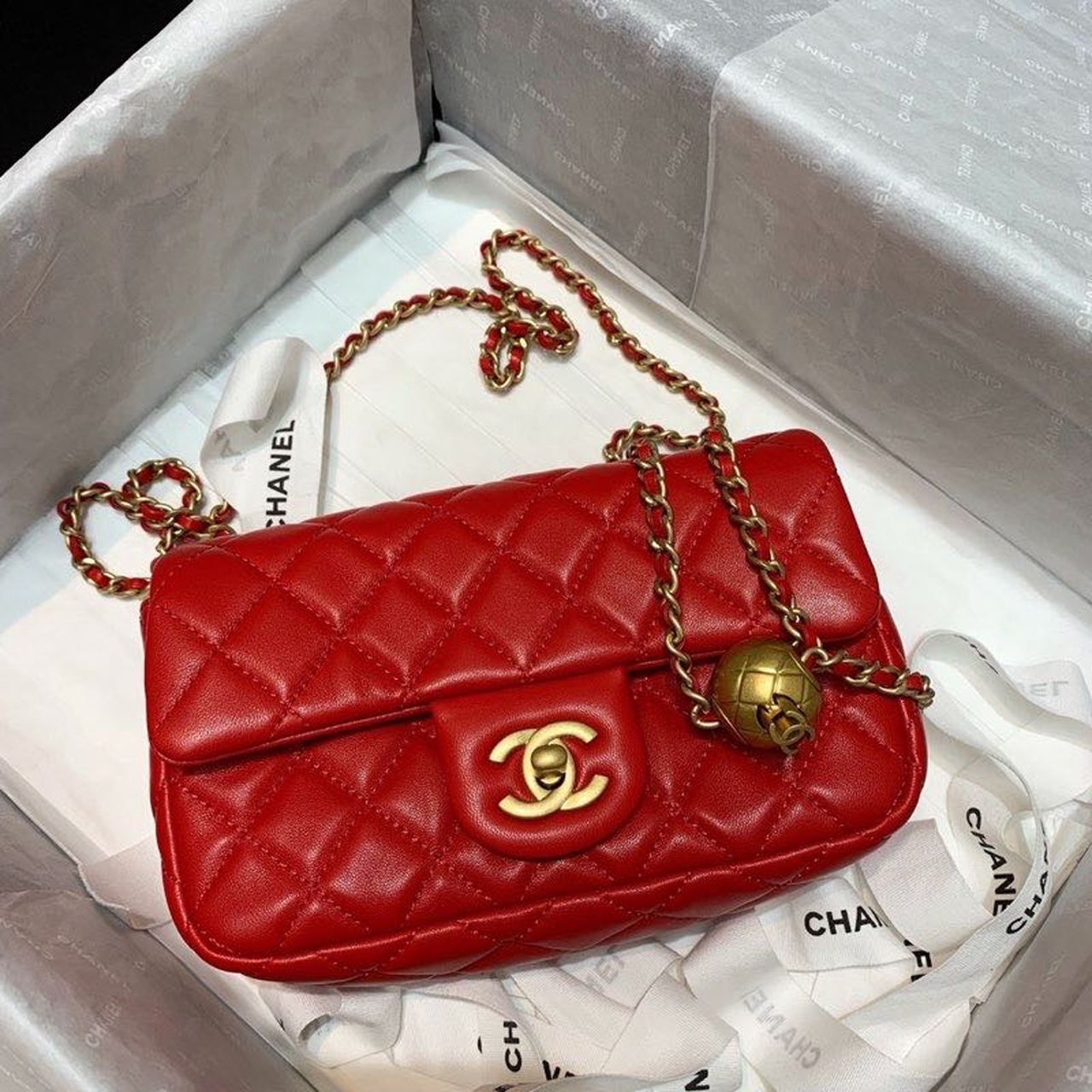 ChanelFlap Bag With ChanelBall On Strap Red For Women, Women&#8217;s Handbags, Shoulder And Crossbody Bags 7.8in/20cm AS1787