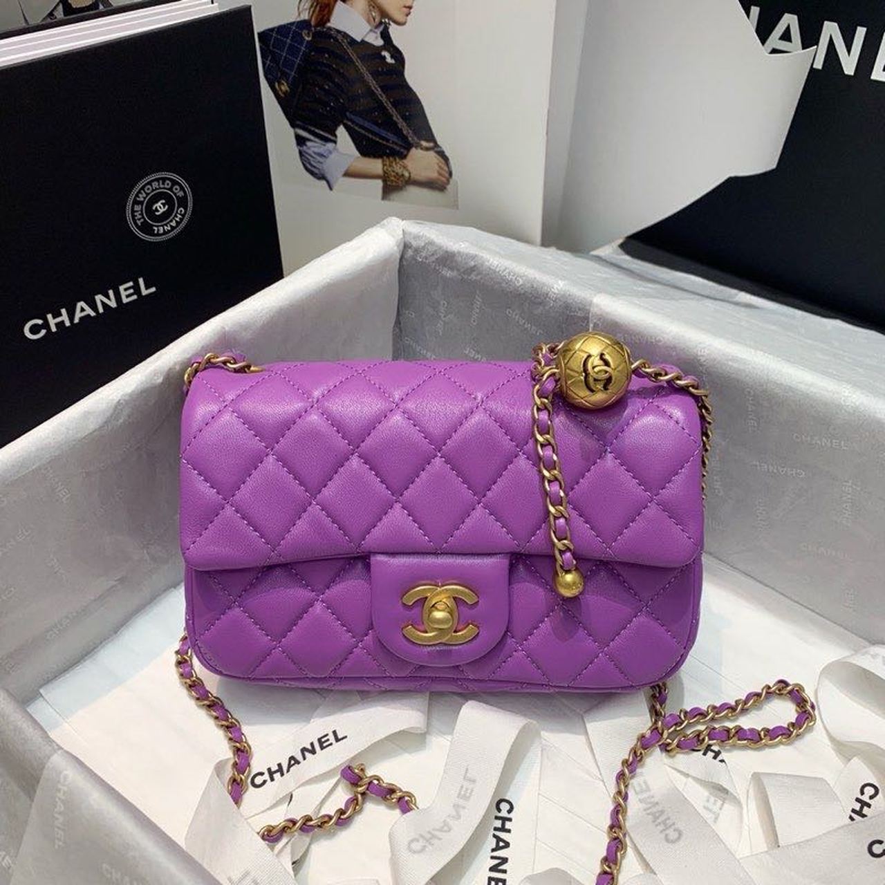 ChanelFlap Bag With ChanelBall On Strap Purple For Women, Women&#8217;s Handbags, Shoulder And Crossbody Bags 7.8in/20cm AS1787