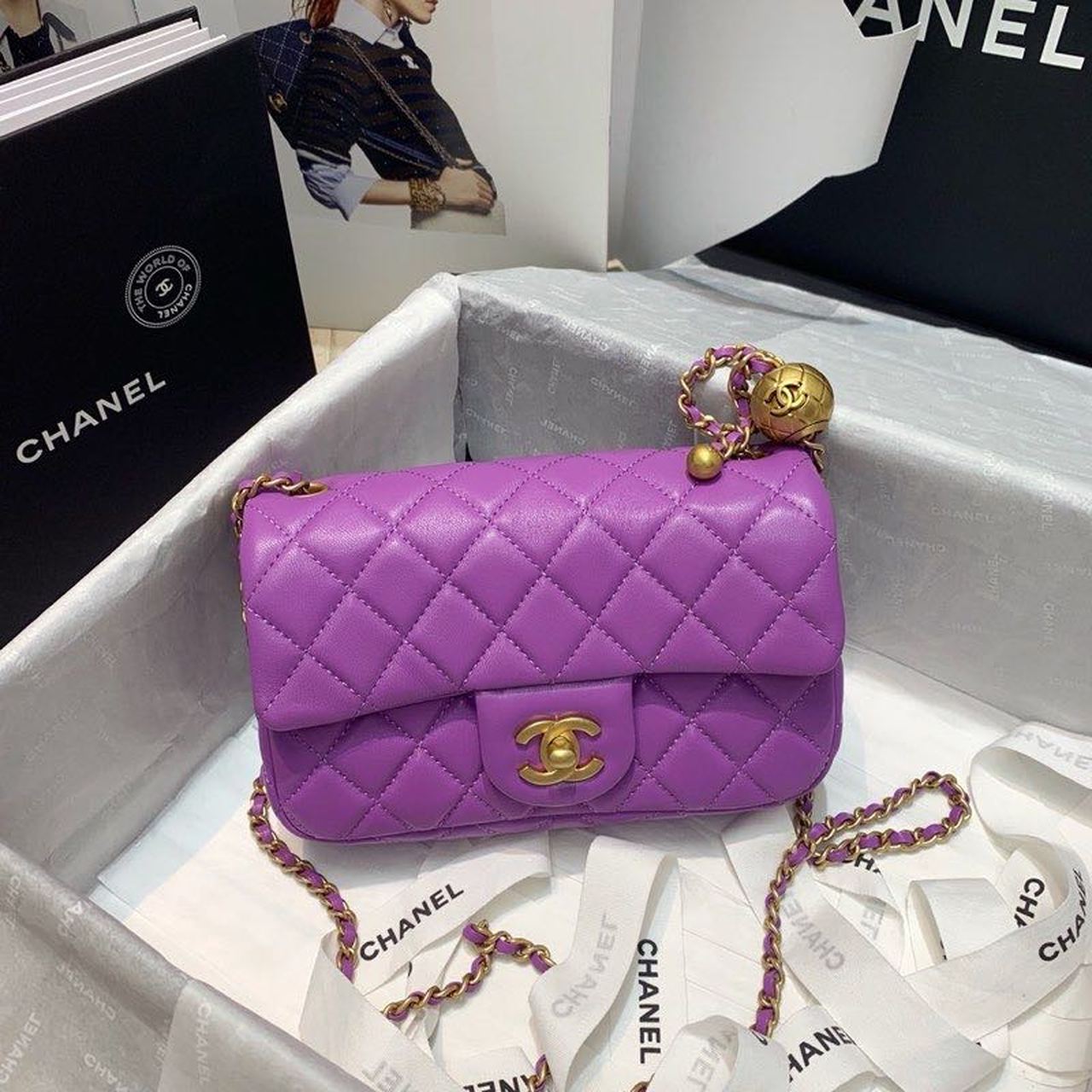 ChanelFlap Bag With ChanelBall On Strap Purple For Women, Women&#8217;s Handbags, Shoulder And Crossbody Bags 7.8in/20cm AS1787