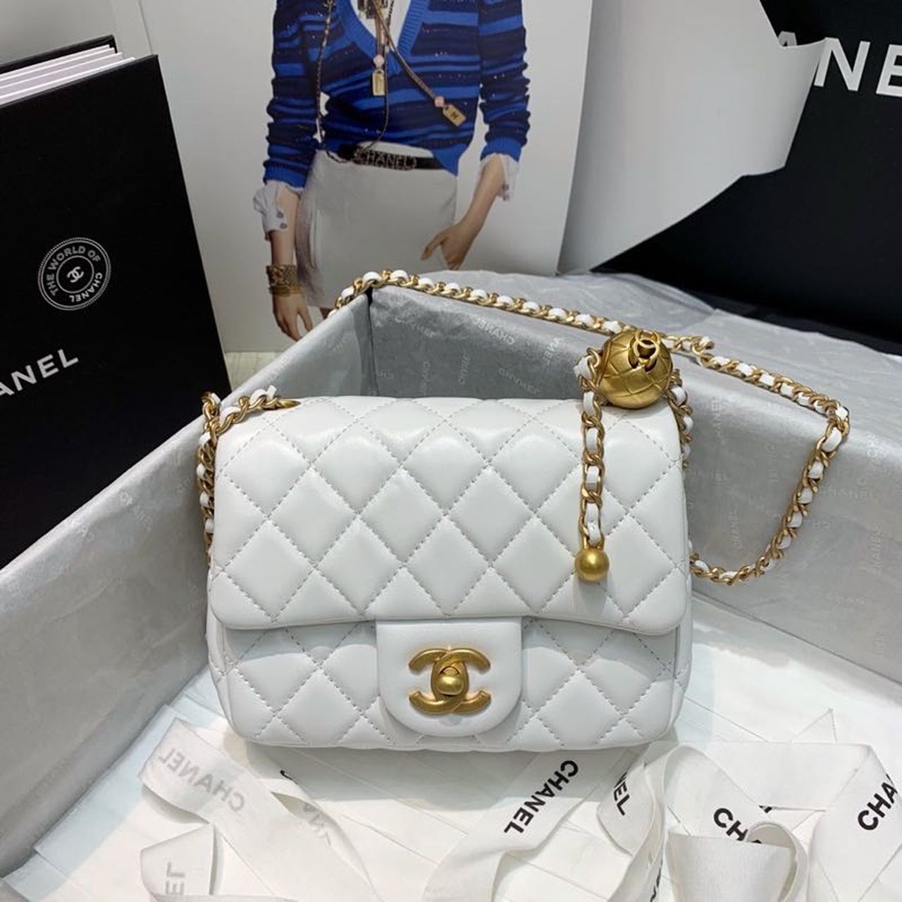 ChanelMini Flap Bag With ChanelBall On Strap White For Women, Women&#8217;s Handbags, Shoulder And Crossbody Bags 6.7in/17cm AS1786