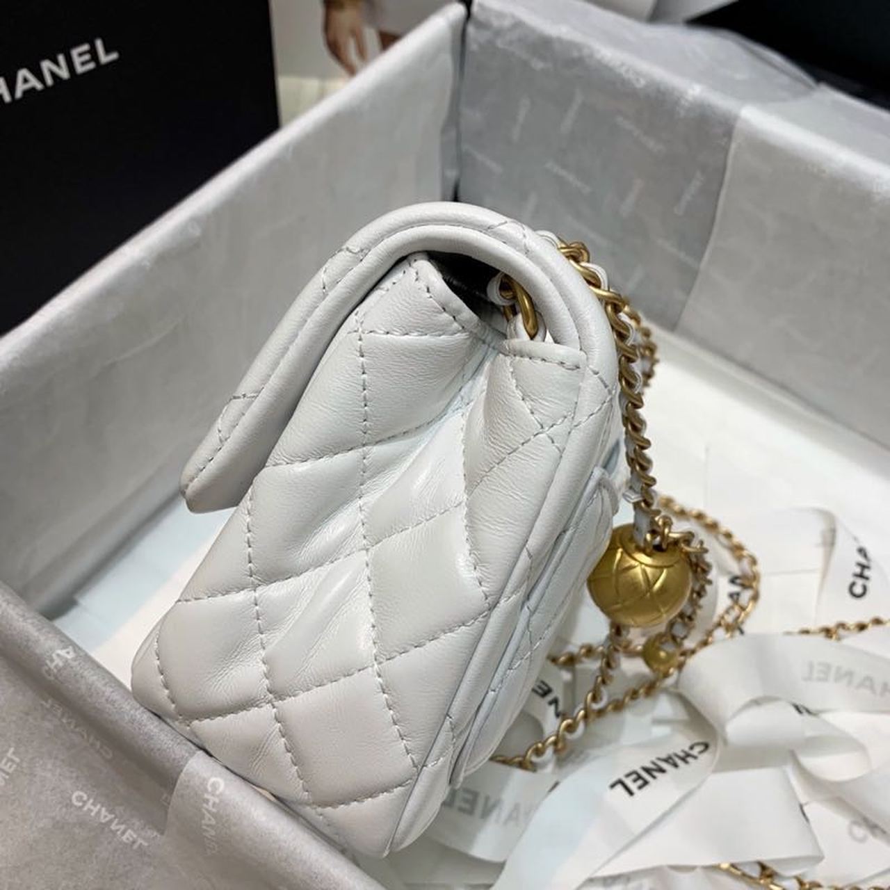 ChanelMini Flap Bag With ChanelBall On Strap White For Women, Women&#8217;s Handbags, Shoulder And Crossbody Bags 6.7in/17cm AS1786