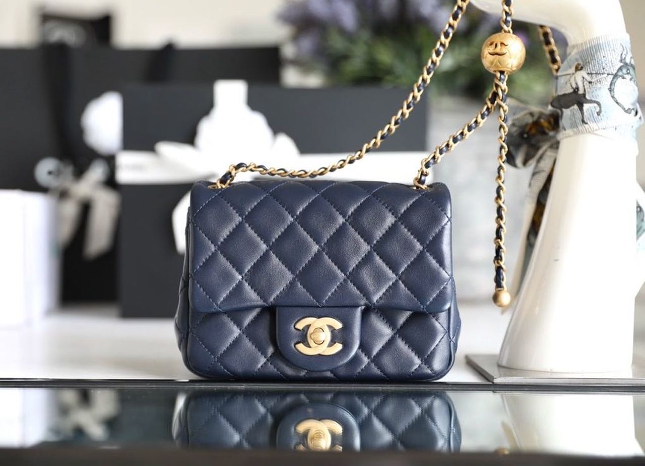 ChanelMini Flap Bag With ChanelBall On Strap Navy Blue For Women, Women&#8217;s Handbags, Shoulder And Crossbody Bags 6.7in/17cm AS1786