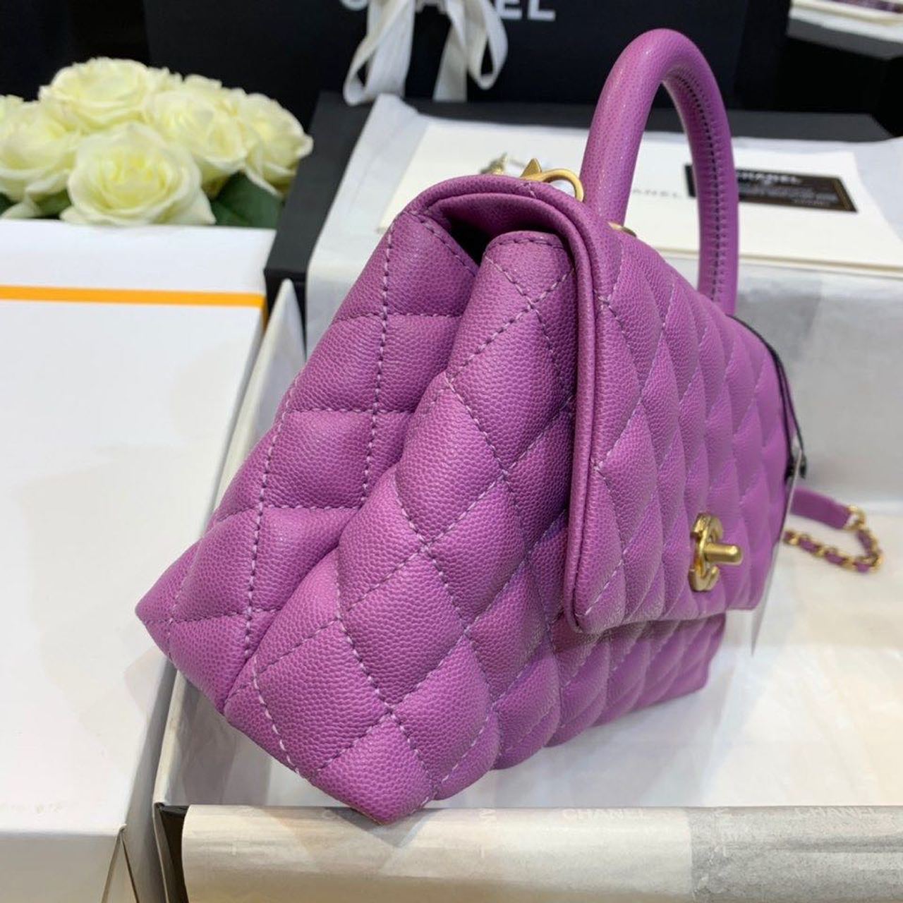 ChanelMedium Flap Bag With Top Handle Purple For Women, Women’s Handbags, Shoulder And Crossbody Bags 9in/23cm A92990