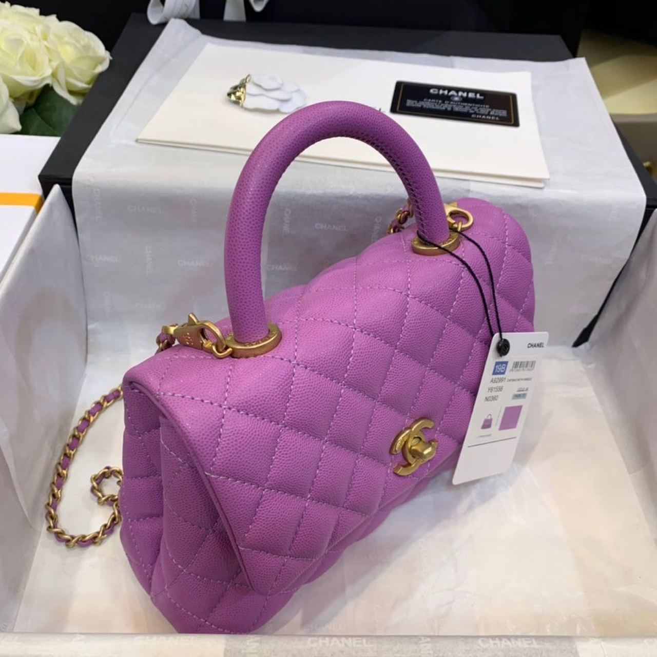 ChanelMedium Flap Bag With Top Handle Purple For Women, Women’s Handbags, Shoulder And Crossbody Bags 9in/23cm A92990