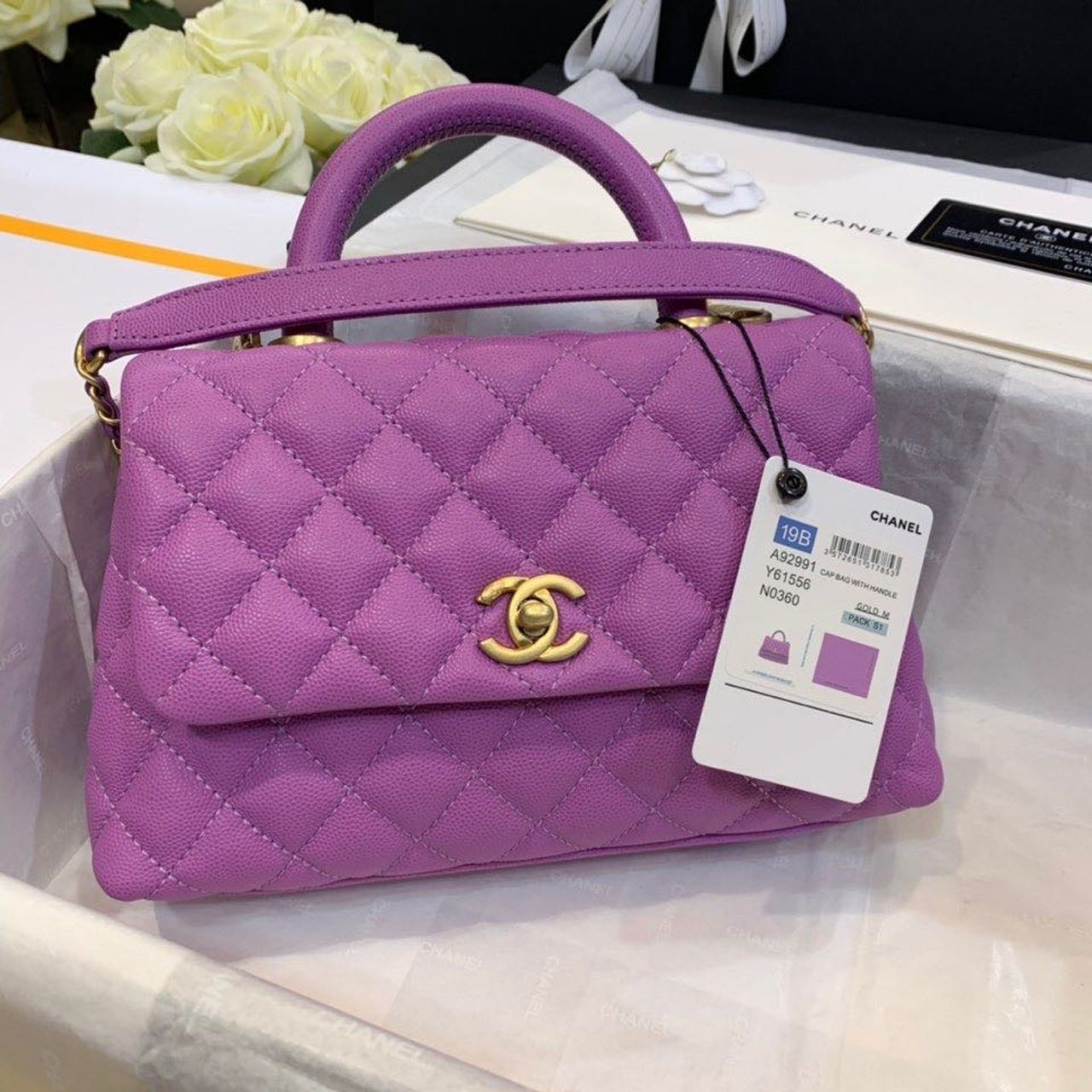 ChanelMedium Flap Bag With Top Handle Purple For Women, Women’s Handbags, Shoulder And Crossbody Bags 9in/23cm A92990