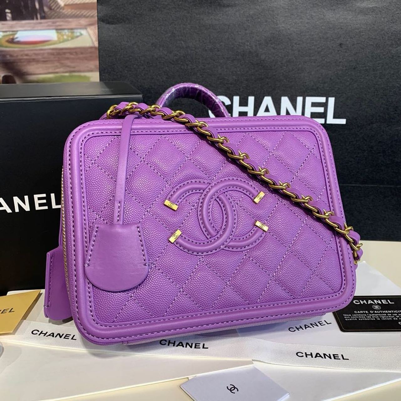 Chanel Filigree Vanity Case Bag 20cm Gold Toned Hardware Caviar Leather Spring/Summer Act 1 Collection, Purple