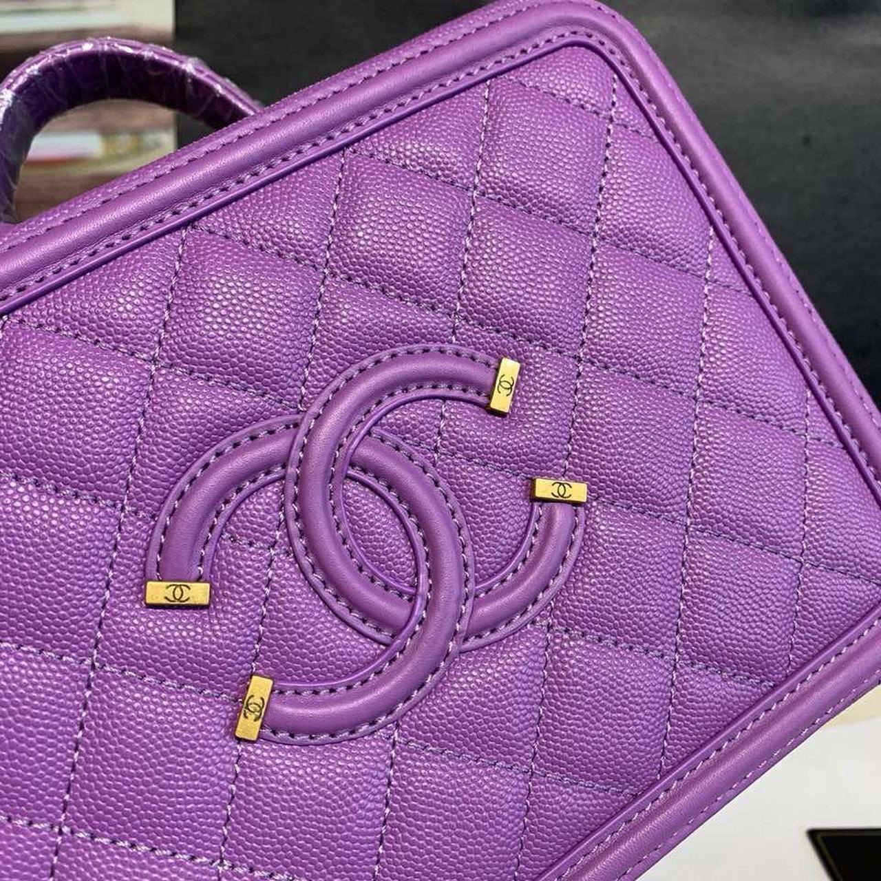 Chanel Filigree Vanity Case Bag 20cm Gold Toned Hardware Caviar Leather Spring/Summer Act 1 Collection, Purple