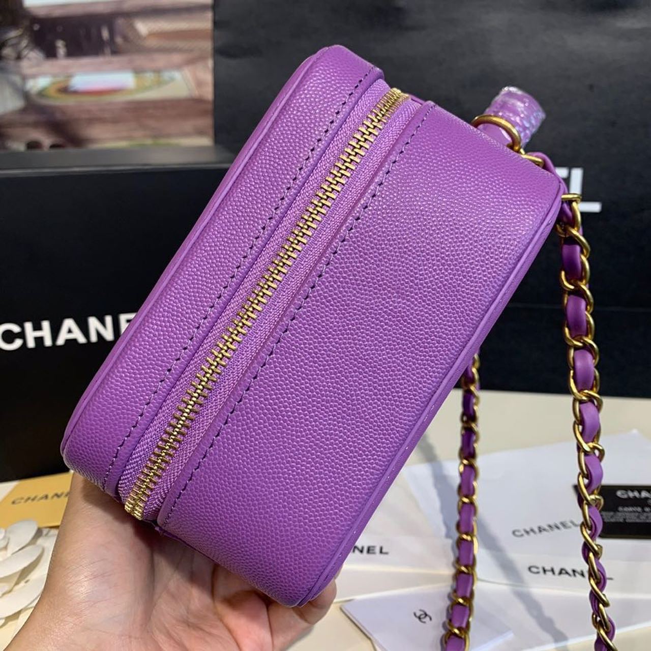 Chanel Filigree Vanity Case Bag 20cm Gold Toned Hardware Caviar Leather Spring/Summer Act 1 Collection, Purple