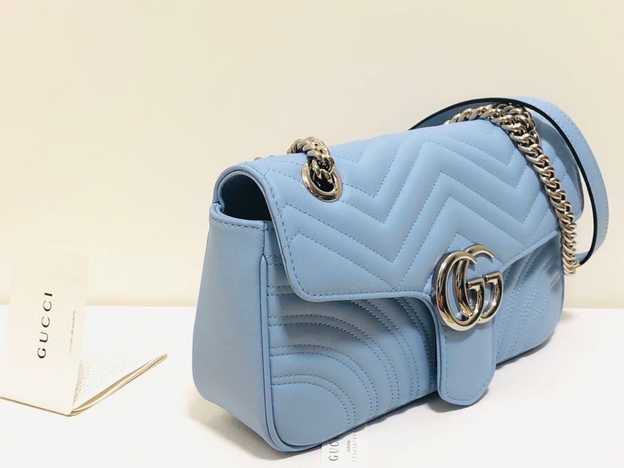 gg Marmont Small Matelassé Shoulder Bag Sky Blue Matelassé Chevron For Women 10in/26cm gg