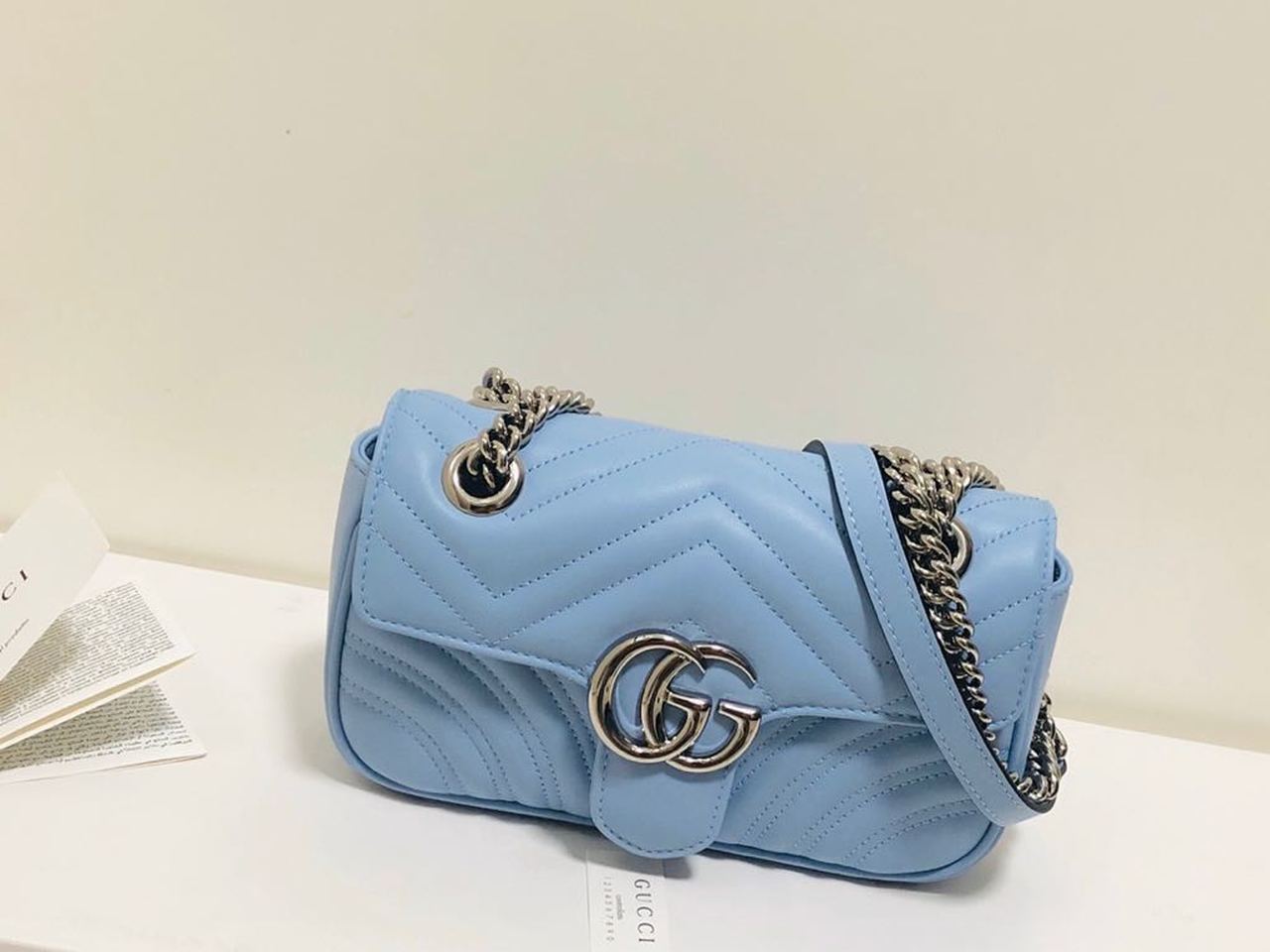 gg Marmont Matelassé Mini Bag Blue Sky Matelassé Chevron For Women 8.5in/22cm gg