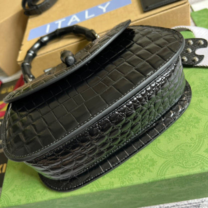 gg Bamboo 1947 Crocodile Top Handle Bag Black For Women, Women&#8217;s Bags 10.2in/26cm gg