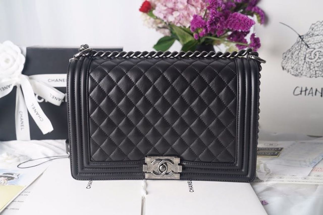 Chanel LeBoy Bag 28cm Lambskin Leather Antique Silver Hardware Spring/Summer Collection, Black