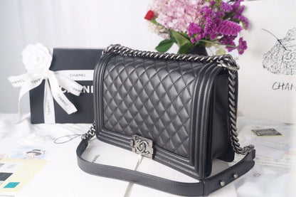 Chanel LeBoy Bag 28cm Lambskin Leather Antique Silver Hardware Spring/Summer Collection, Black