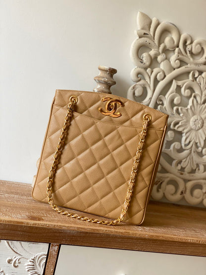 ChanelVintage Beige Large Quilted Caviar Tote Bag For Women 28cm/11in