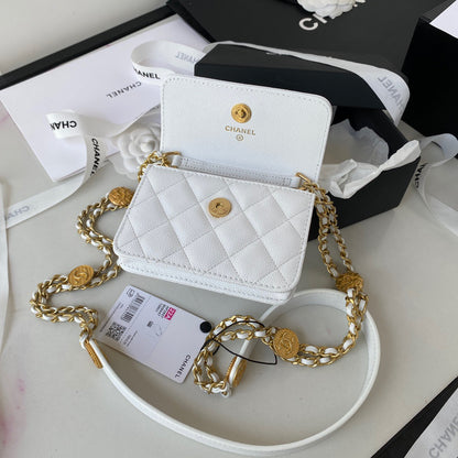 Chanel Clutch With Chain Gold Hardware Grained Shinny White For Women, Women&#8217;s Handbags, Shoulder Bags 4.7in/12cm AP2857