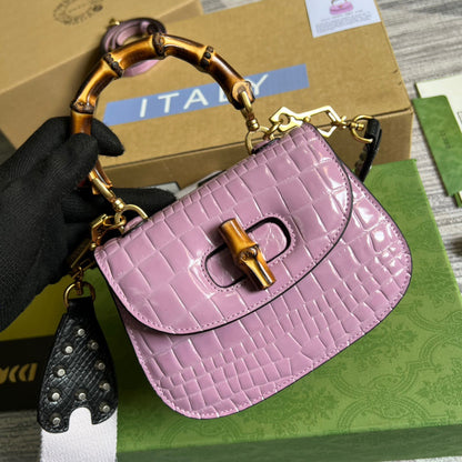 gg Bamboo 1947 Crocodile Mini Top Handle Bag Pink For Women, Women&#8217;s Bags 6.7in/17cm gg