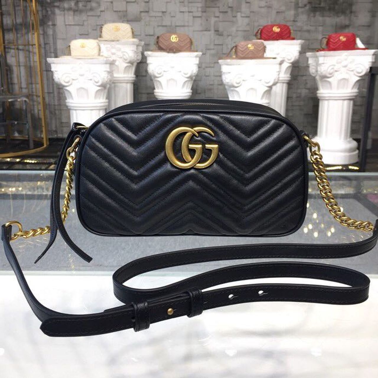 gg Marmont Small Matelassé Shoulder Bag Black Matelassé Chevron For Women 9.5in/24cm gg 447632 DTD1T 1000