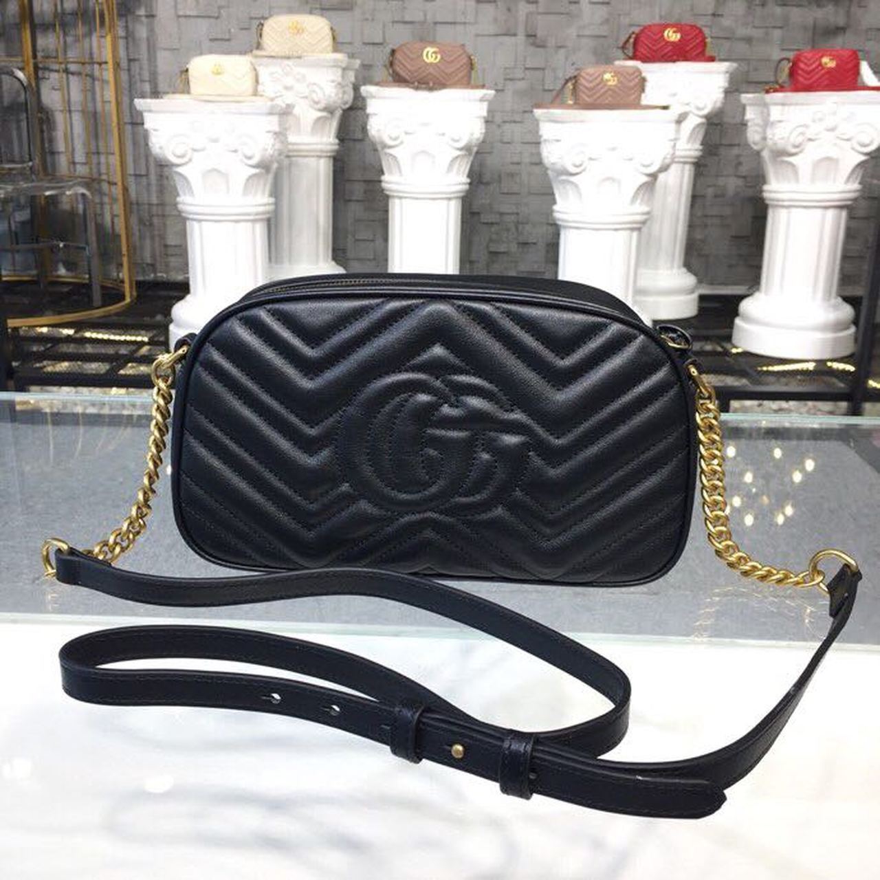 gg Marmont Small Matelassé Shoulder Bag Black Matelassé Chevron For Women 9.5in/24cm gg 447632 DTD1T 1000