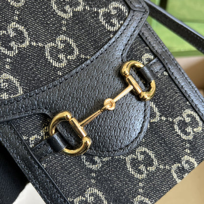 gg Horsebit 1955 Mini Bag Black And Ivory gg Denim Jacquard For Women 6.7in/17cm 625615 UN3BG 1274