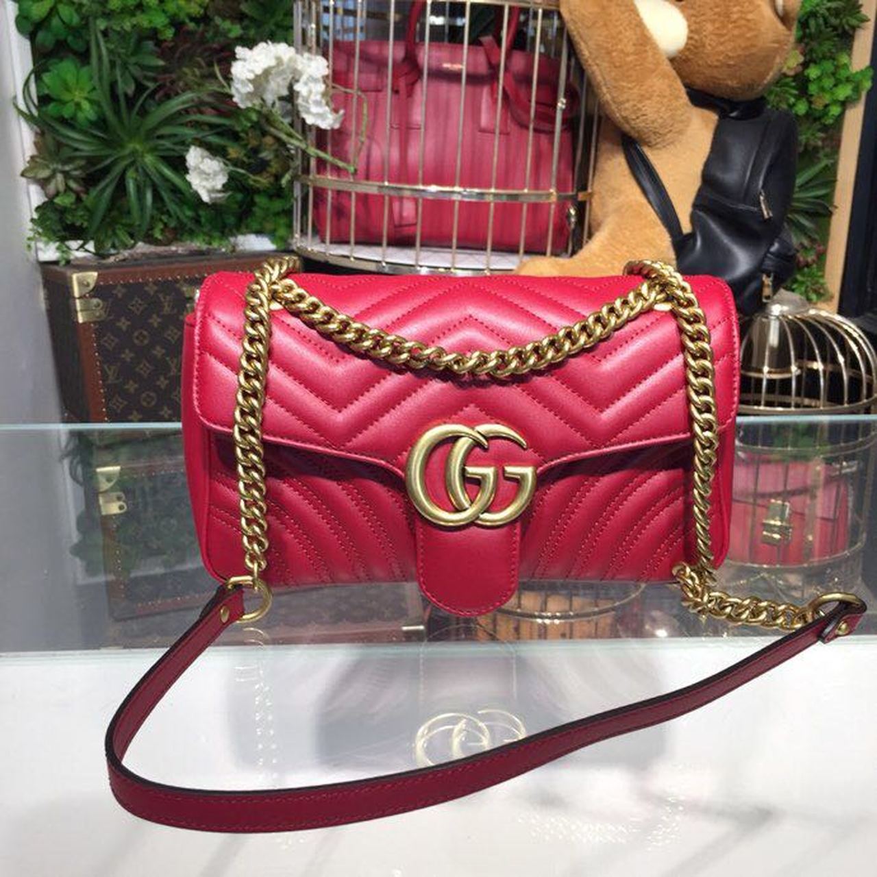 gg Marmont Small Matelassé Shoulder Bag Hibiscus Red Matelassé Chevron For Women 10in/26cm gg 443497 DRW3T 6433