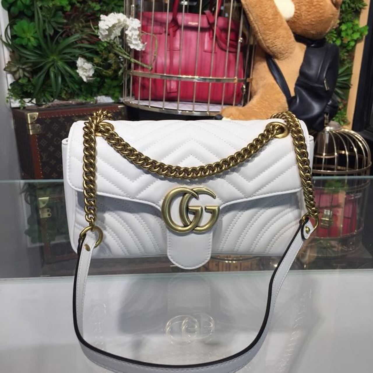 gg Marmont Small Matelassé Shoulder Bag White Chevron For Women 10in/25cm 443497 DTDIT 9022