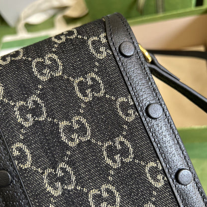 gg Horsebit 1955 Mini Bag Black And Ivory gg Denim Jacquard For Women 6.7in/17cm 625615 UN3BG 1274