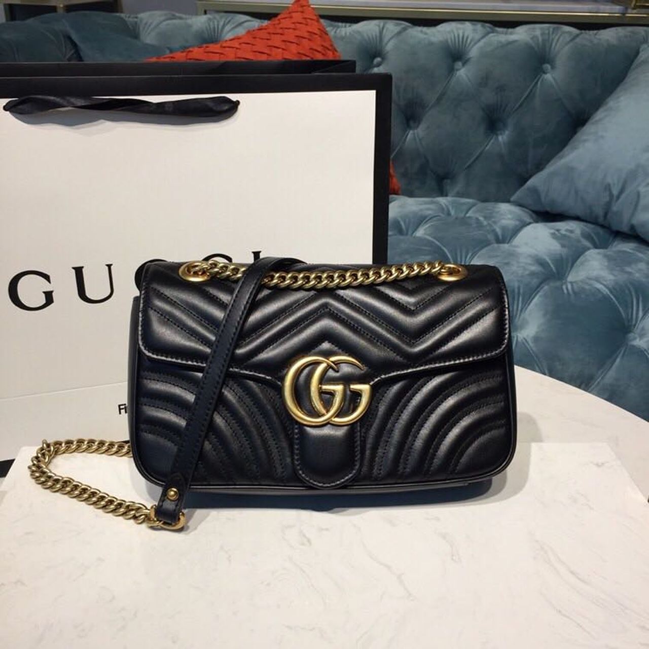 gg Marmont Small Matelassé Shoulder Bag Black Matelassé Chevron With A Heart For Women 10in/22cm gg 446744 DTDIT 1000