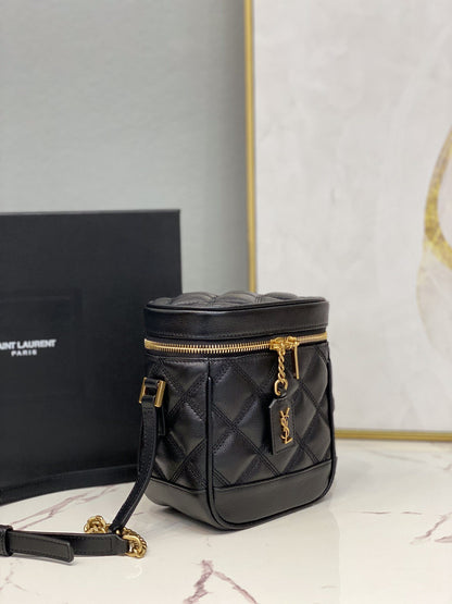 YSSL 80’s Vanity Bag In Carré-Quilted Grain De Poudre Black For Women 6.4in/16.5cm YSL 649779DME271000