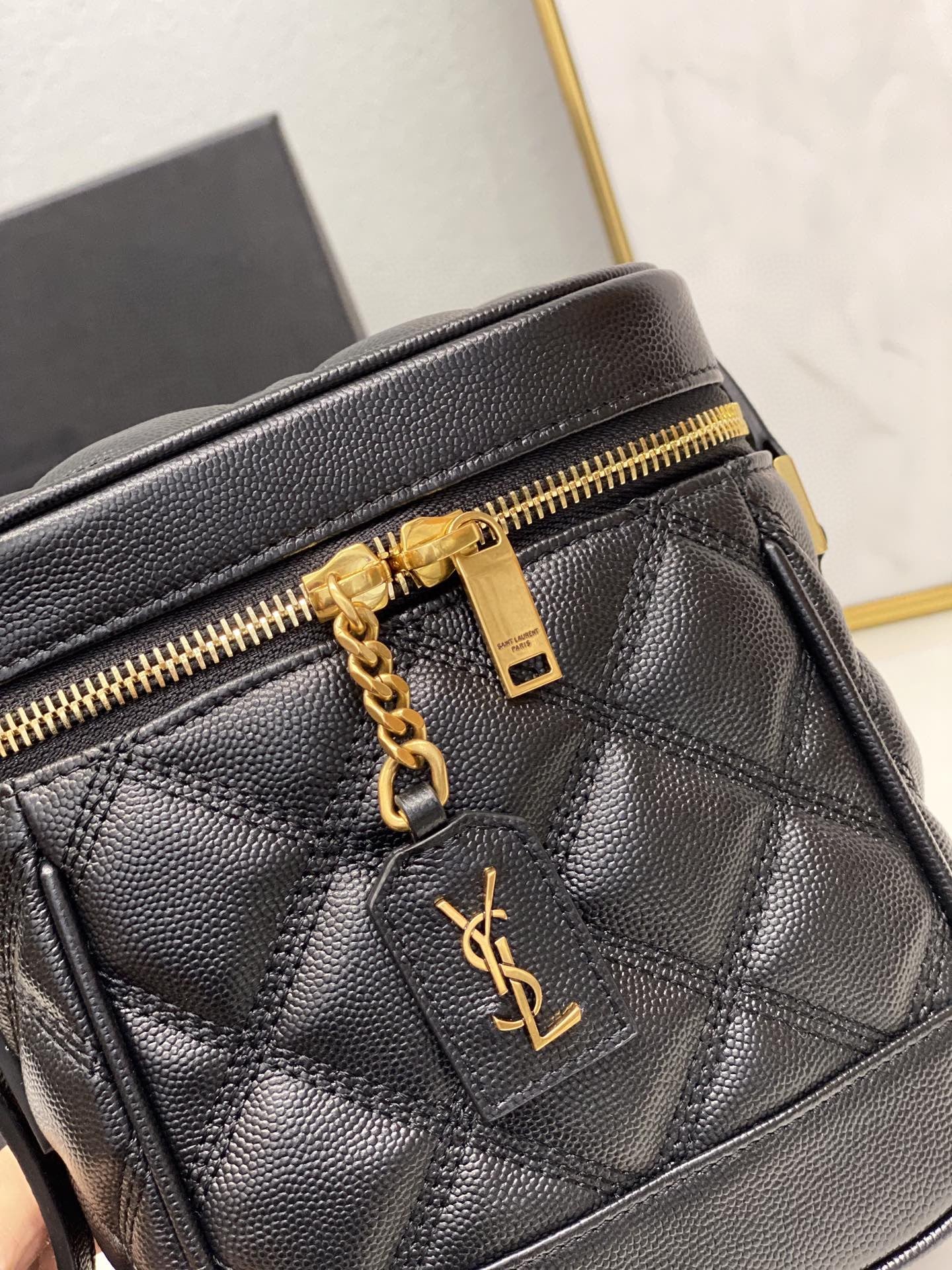 YSSL 80’s Vanity Bag In Carré-Quilted Grain De Poudre Black For Women 6.4in/16.5cm YSL 649779DME271000