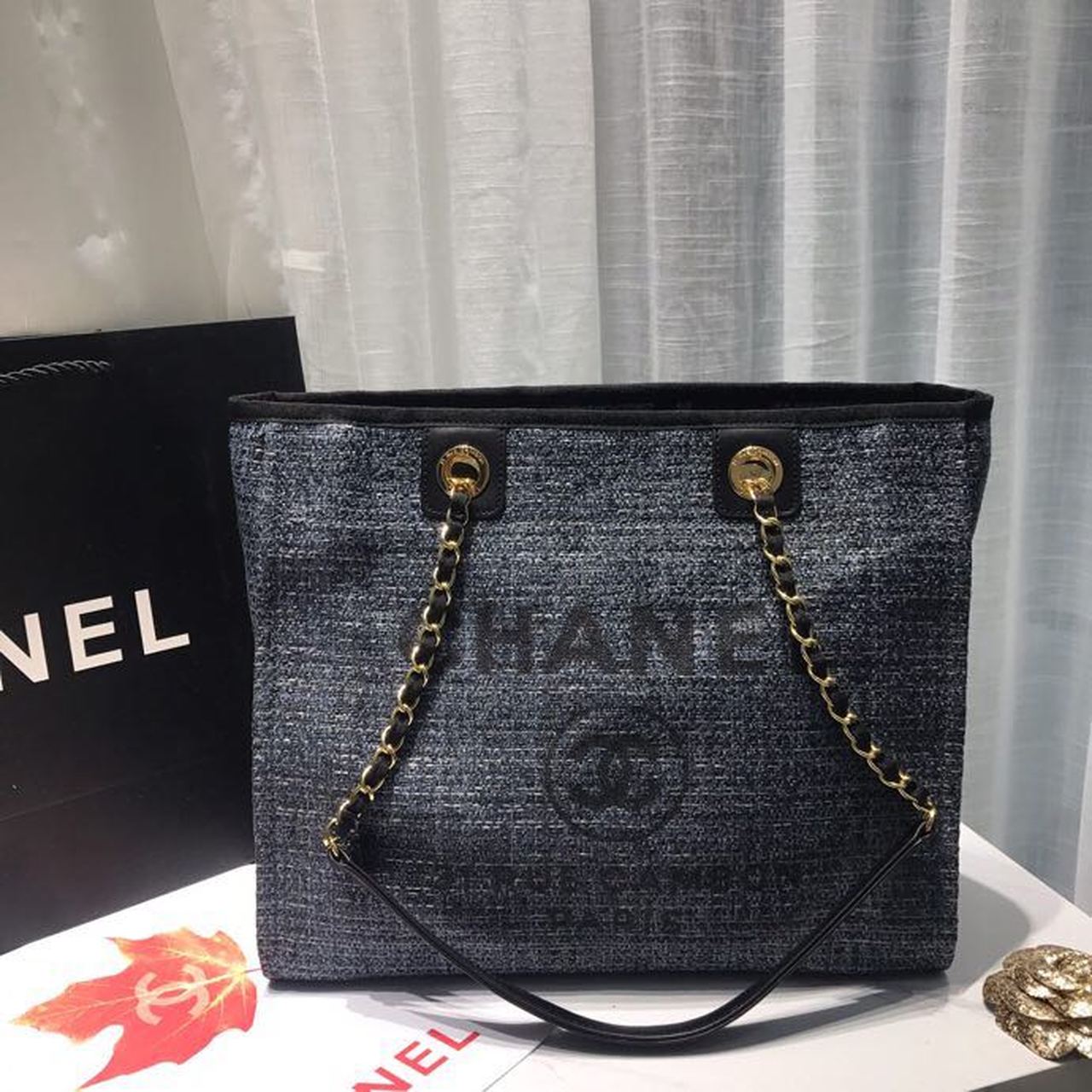 Chanel Deauville Chain Shoulder Tote Bag Dark Grey For Women, Women&#8217;s Handbags, Shoulder Bags 13.3in/34cm A66939