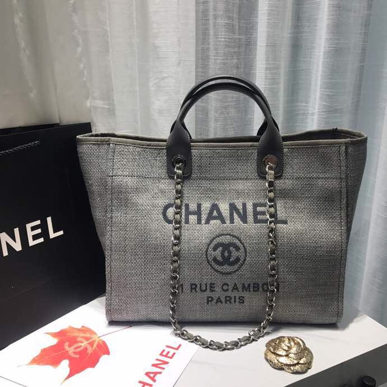 Chanel Deauville Tote Tweed Canvas Bag Fall/Winter Collection, Light Grey/ Dark Grey For Women 15in/38cm