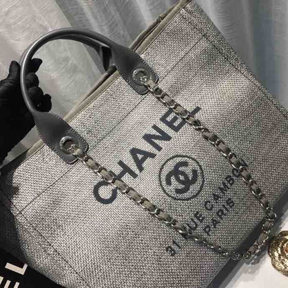 Chanel Deauville Tote Tweed Canvas Bag Fall/Winter Collection, Light Grey/ Dark Grey For Women 15in/38cm