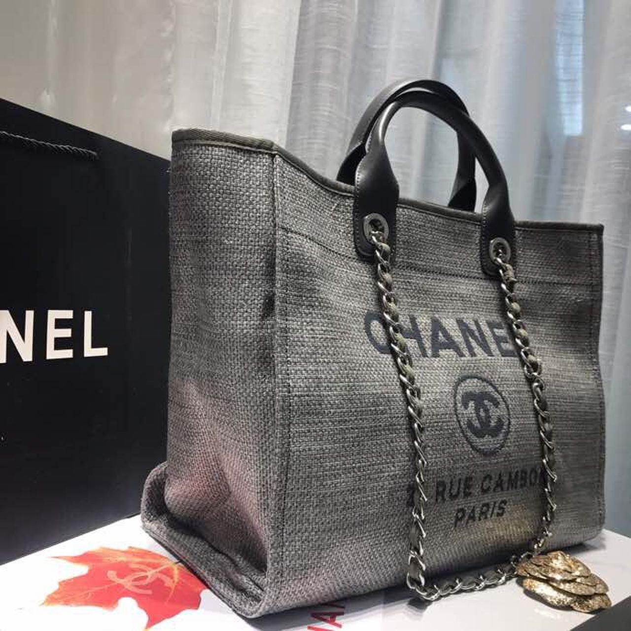 Chanel Deauville Tote Tweed Canvas Bag Fall/Winter Collection, Light Grey/ Dark Grey For Women 15in/38cm