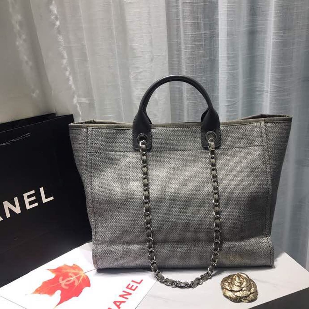 Chanel Deauville Tote Tweed Canvas Bag Fall/Winter Collection, Light Grey/ Dark Grey For Women 15in/38cm