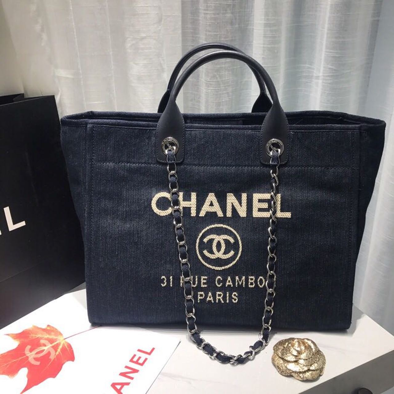 Chanel Deauville Tote Canvas Bag Dark Blue Denim/White For Women 14.9in/38cm