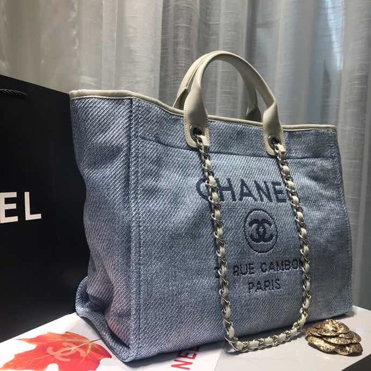 Chanel Deauville Tote Canvas Bag Light Grey For Women, Women&#8217;s Handbags, Shoulder Bags 15in/38cm A66941