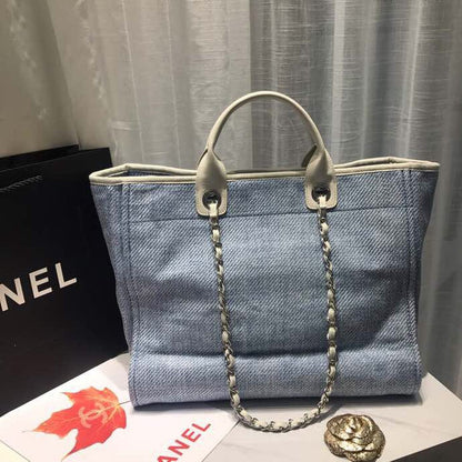 Chanel Deauville Tote Canvas Bag Light Grey For Women, Women&#8217;s Handbags, Shoulder Bags 15in/38cm A66941