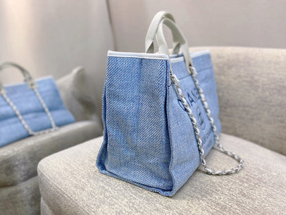 Chanel Deauville Tote Tweed Canvas Bag Fall/Winter Collection, Light Blue/White For Women 15in/38cm