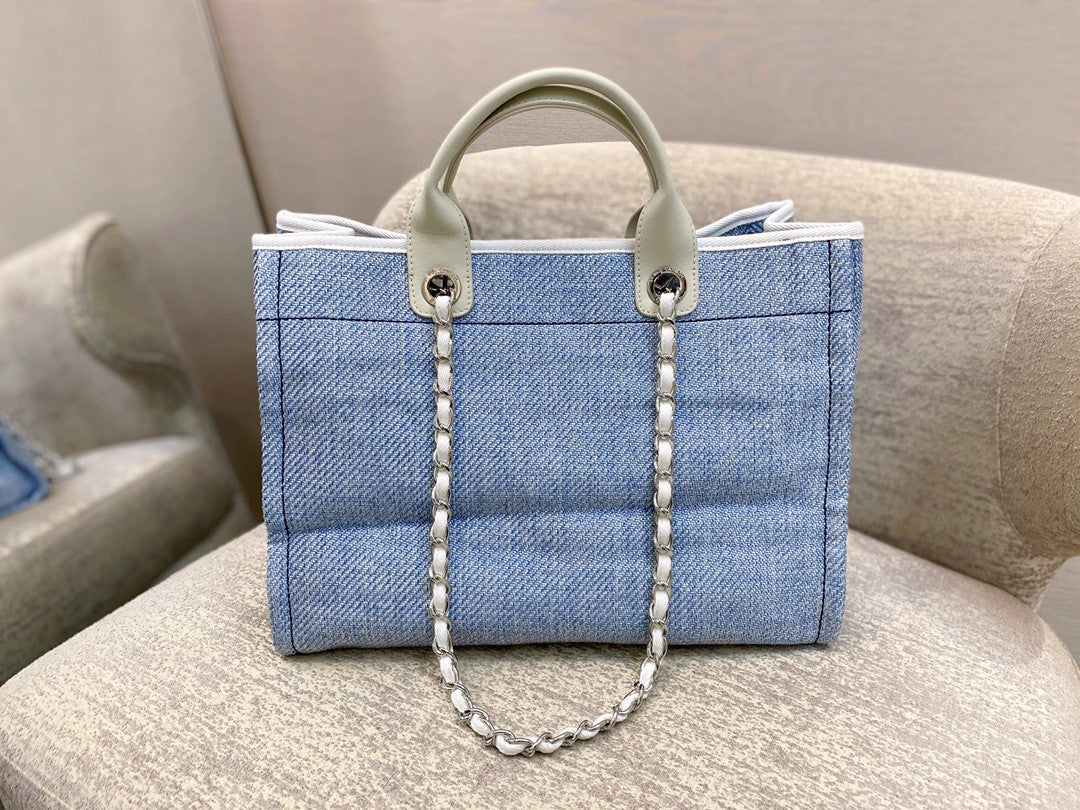 Chanel Deauville Tote Tweed Canvas Bag Fall/Winter Collection, Light Blue/White For Women 15in/38cm